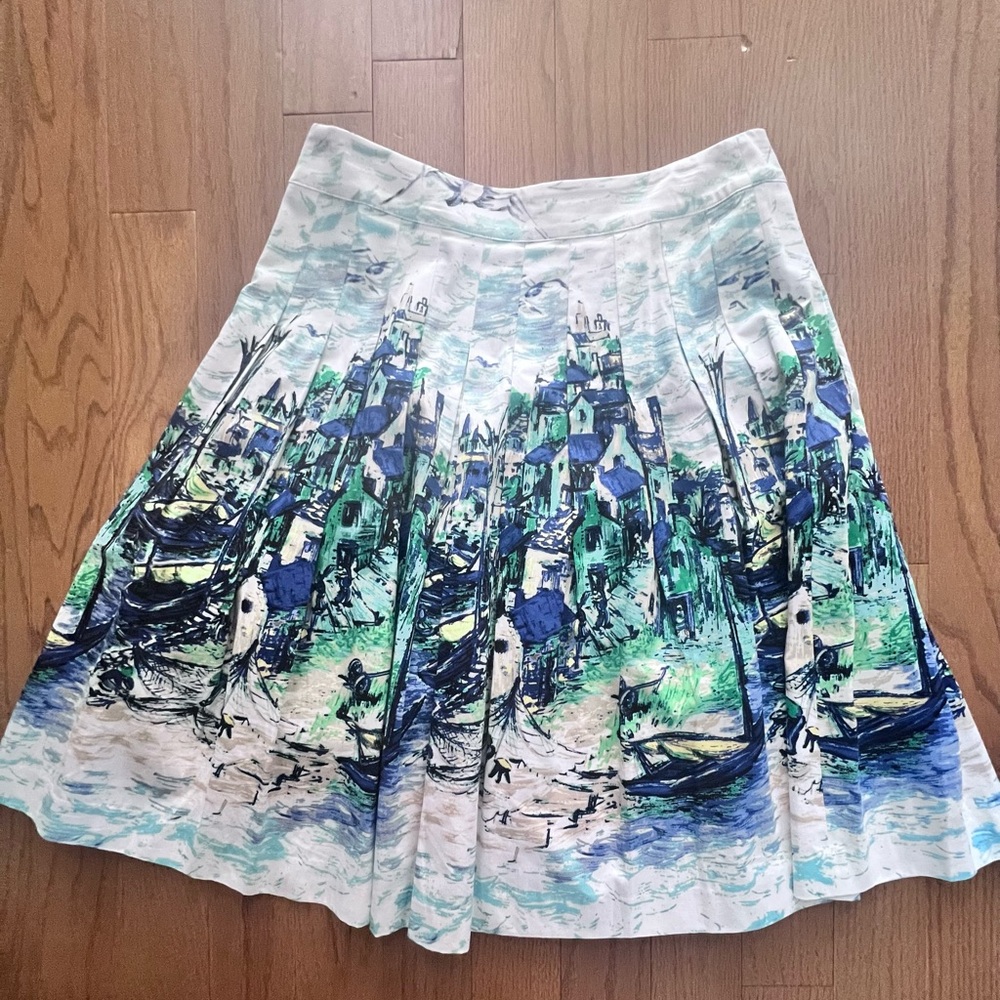 Talbots A-Line Skirt - Blue and Green French Print Side Zipper Artsy Boho Classy